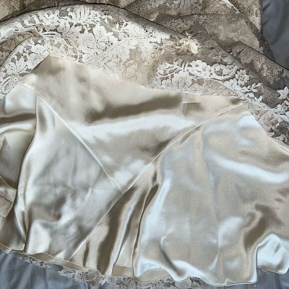 Lisa Baday Skirt 10 Metallic Peach Floral Lace Over Cream Silk A Line Zip Canada - Picture 12 of 13